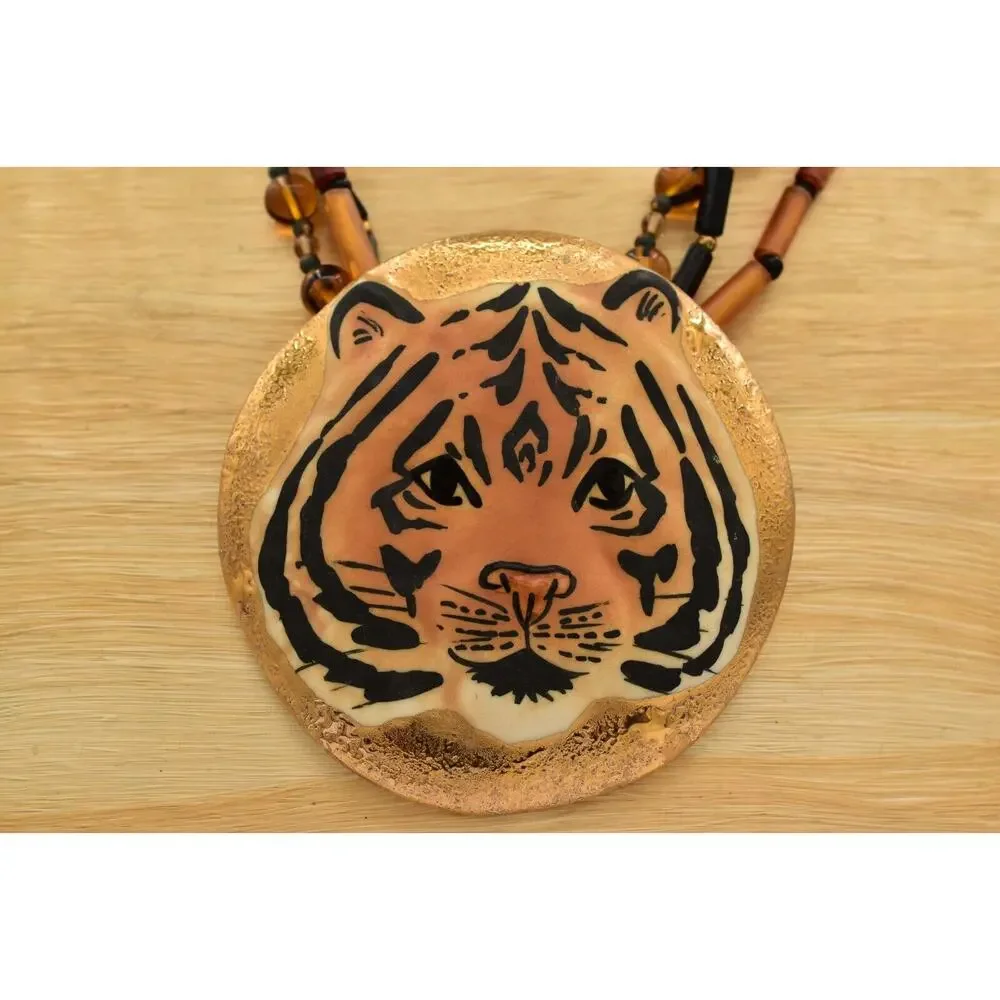 Carol Halmy Vintage Ceramic Beaded Necklace Hand Made Tiger Golden Signed Bin4A